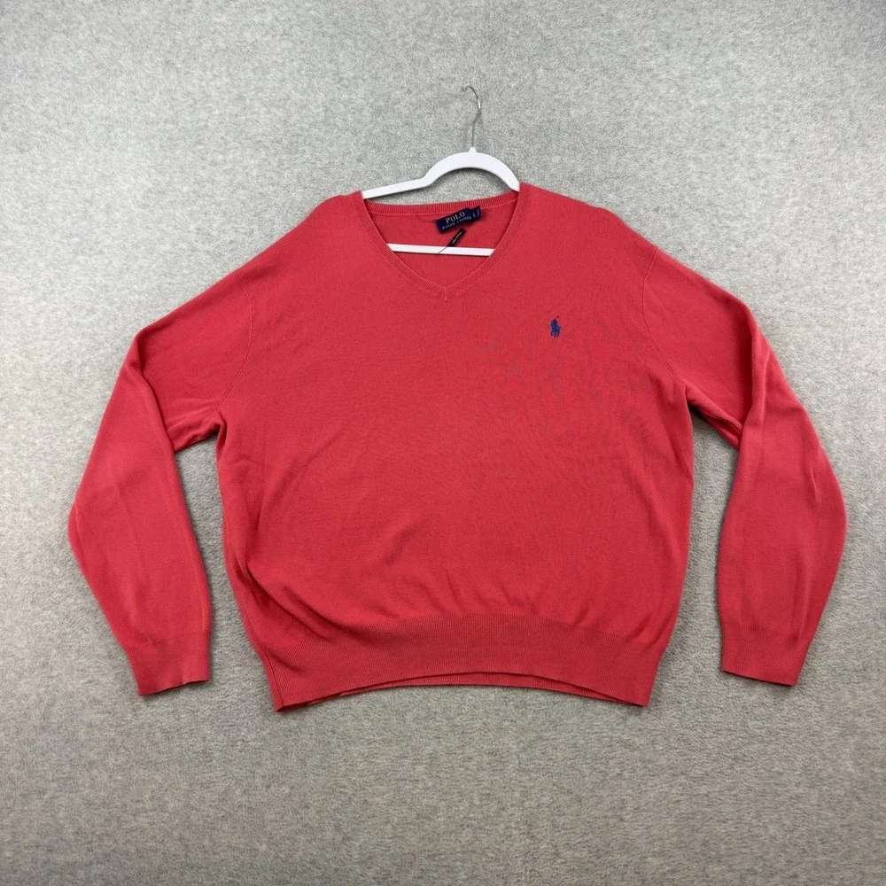 Polo‎ Ralph Lauren Mens Sweater Size Large Pima Cotton V Neck Vibrant Hot Pink